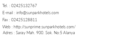 Sunprime Alanya Beach Hotel telefon numaralar, faks, e-mail, posta adresi ve iletiim bilgileri
